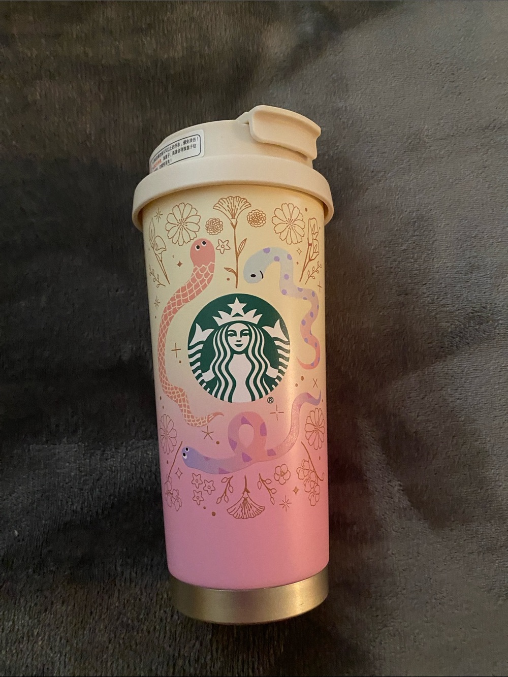 Starbucks Cream and Pink Snake Floral Stainless Travel Tumbler